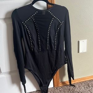 Black Long Sleeve Fringe Bodysuit